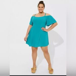 Torrid NWT Mini Challus Cold Shoulder Trapeze Dress Teal S33